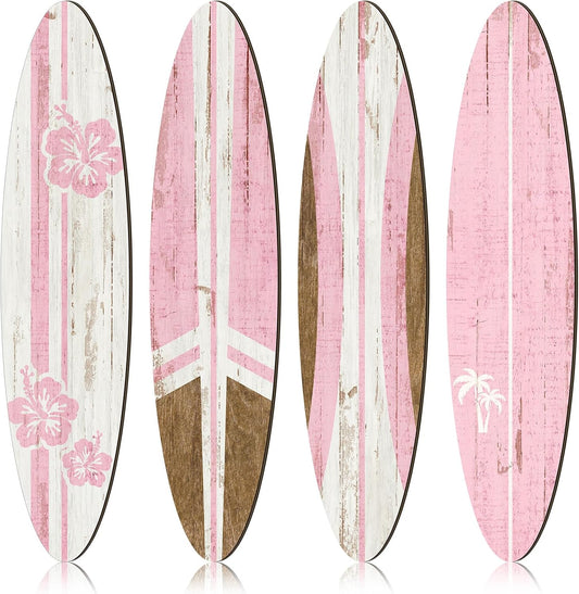 4 Pcs Surfboard Wall Decors 23.6 x 5.4 Inch Pink Girls Room Decor Preppy Surf Board Hanging Signs Aesthetic Large Wooden Beachy Tropical Wall Art for Surfer Bedroom Living Room Bathroom Decors